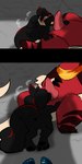 1:2 2_penises anthro black_body black_fur blazonier_(minomonsters) blue_eyes bodily_fluids cave chrocodon_(minomonsters) claws dragon face_mask feral fur furred_dragon furred_scalie genital_fluids genitals goo_creature grey_body grey_fur head_tuft hi_res janko_goaston knot leaking_precum licking long_tail male male/male maroon_fur mino_monsters minomonsters_inc. multi_genitalia multi_penis mythological_creature mythological_scalie mythology oral penile penis penis_lick precum red_body red_eyes red_fur saliva scalie sex silver_bash tail tan_body tan_fur tongue tongue_out tuft wingless_dragon