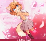 adolescent anthro blue_eyes boots bottomwear clothed clothing digital_media_(artwork) domestic_cat english_text felid feline felis female footwear fully_clothed hair heart_symbol hi_res iskra mammal orange_hair pink_nose pleated_skirt shaded shoes skirt solo text vera_(iskra) young