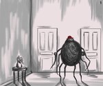 8_legs ambiguous_gender anthro arachnid arthropod black_body black_fur clothing detailed_background door fur hat headgear headwear hi_res mr._spider solo spider the_magnus_archives twistyblitzy