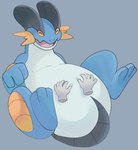 2022 absurd_res ambiguous_gender belly belly_rub belly_squish big_belly blue_body digital_drawing_(artwork) digital_media_(artwork) disembodied_hand duo eyes_closed feet feral generation_3_pokemon grey_background grey_body hand_on_belly happy hi_res high-angle_view lying multicolored_body nintendo nude on_back open_mouth open_smile overweight overweight_ambiguous overweight_feral pokemon pokemon_(species) simple_background smile soles solo_focus squish swampert three-quarter_view xeniyy