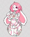 anthro big_ears clothing female flower flower_accessory lagomorph leporid lynlynbuns mammal nanniras one_eye_closed plant rabbit solo thick_thighs wide_hips wink