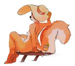 2023 anthro big_hat breasts eyelashes female fur hi_res leaning leaning_backward mammal mouth_closed narrowed_eyes nipples nude orange_body orange_fur oselotti rodent sciurid signature simple_background sitting small_breasts solo teeth tree_squirrel wearing_hat white_background white_body white_fur