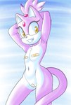 anthro band-aid band-aid_on_genitals band-aid_on_nipple band-aid_on_pussy bandage blaze_the_cat camel_toe domestic_cat felid feline felis female forehead_gem fours_(artist) gem hands_behind_head hi_res mammal purple_body raised_arm sega smile solo sonic_the_hedgehog_(series) tail