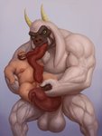 anthro ape avatar:_the_last_airbender balls bodily_fluids bovid bovid_horn caprine caprine_horn dagapuff duo flopsie_(avatar) genital_fluids genitals goat goat_horn gorilla haplorhine hi_res horn human hybrid interspecies licking male male/male mammal muscular nickelodeon penis precum primate saliva size_difference slightly_chubby slightly_chubby_male sweat tongue tongue_out