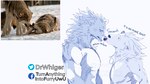 angry blep canid canine canis countershading cross-popping_vein dr.whiger duo english_text hi_res licking licking_nose looking_at_another male mammal meme moon_moon multiple_images muscular muscular_male redraw simple_background text tongue tongue_out watermark white_background wolf