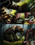 anthro base_three_layout blockage_(layout) bodily_fluids canid canine canis comic digital_media_(artwork) duo feral forest forest_background fur hair head_first hi_res horizontal_blockage hyena lemondeer male male/male mammal micro nature nature_background open_mouth oral_vore partially_inside paws pinned pinned_by_foot pinned_to_ground plant saliva six_frame_image size_difference smaller_male striped_hyena teeth tongue tongue_out tree vore wolf