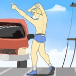 1:1 anthro antlers blonde_hair blue_briefs blue_clothing blue_footwear blue_shoes blue_sky blue_underwear briefs butt car clothed clothing dancing deer deer_frat_dude_(fuze) footwear fur fuze grey_clothing grey_footwear grey_socks grey_soles hair hi_res horn male mammal outside pantsless pantsless_anthro pantsless_male public shoes sky smile socks solo street tan_body tan_fur topless underwear utility_pole vehicle white_antlers white_clouds