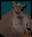 2023 alternate_species anthro armpit_hair barazoku benjamin_holt biceps body_hair bovid bovine brown_body brown_fur chest_fur clothed clothing digital_media_(artwork) ear_piercing ear_ring ear_stud eyebrows facial_piercing fur hair happy_trail hi_res horn labret_piercing lip_piercing male mammal muscular muscular_anthro muscular_male navel nipple_piercing nipple_ring nipples pecs piercing ring_piercing scar solo tan_hair timdoodles topless vein veiny_muscles werebovine werecattle werecreature