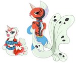 anthro anthrofied armwear big_breasts black_eyes bottomwear breasts clothed clothing duo female fin generation_1_pokemon goldeen green_eyes hi_res horn legless lips nintendo pokeball pokemon pokemon_(species) pokemorph red_body seaking simple_background skirt topwear urusee584 white_background white_body