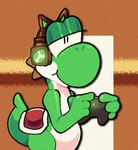 2023 anthro black_eyes cat_headphones controller datbx digital_media_(artwork) dinosaur egg electronics game_controller gaming green_body green_nose green_scales green_tail green_yoshi half-closed_eyes half-length_portrait headphones holding_controller holding_game_controller holding_object male mario_bros multicolored_body multicolored_scales narrowed_eyes nintendo playing_video_game portrait prehistoric_species reptile saddle scales scalie smile solo standing tail two_tone_body two_tone_scales white_body white_scales yoshi yoshi_(character)