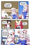 annoyed anthro anthrofied armwear bottomwear braixen bray_(lucyfercomic) canid cinccina_(lucyfercomic) cinccino clothed clothing comic cute_fangs dress elbow_gloves english_text fangs female generation_4_pokemon generation_5_pokemon generation_6_pokemon gloves group hair hair_over_eyes handwear hi_res human inner_ear_fluff lopunny lucyfercomic male mammal nintendo one_eye_closed pokemon pokemon_(species) pokemon_trainer pokemorph shirt speech_bubble t-shirt tank_top teeth text topwear tuft wink