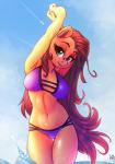 2018 anthro atryl bikini blue_background breasts brown_hair clothed clothing collaboration detailed_background digital_media_(artwork) ear_piercing earth_pony equid equine eyebrows eyelashes fan_character female green_eyes hair hasbro hi_res horse legs_in_water long_hair looking_at_viewer mammal my_little_pony navel outside partially_submerged piercing pony portrait pose pumpkin_lily seaside shaded signature simple_background sky smile solo standing standing_in_water submerged_legs swimwear three-quarter_portrait two-piece_swimsuit water wick_(artist)