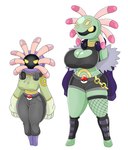 absurd_res anthro big_breasts bottomwear breasts chain clothed clothing cradily duo electronics female fossil_pokemon generation_3_pokemon green_body headphones headphones_around_neck hi_res jacket legwear lileep nintendo pants pokeball pokemon pokemon_(species) purple_body shirt shorts simple_background topwear urusee584 white_background yellow_eyes