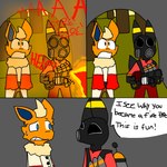 1:1 2fort ambiguous_gender anthro canid canine clothing colored comic comic_panel dastarman dialogue digital_drawing_(artwork) digital_media_(artwork) duo eeveelution english_text fire flamethrower flareon fur generation_1_pokemon generation_2_pokemon gloves handwear happy hi_res mammal medic_(team_fortress_2) medical_gloves neck_tuft nintendo orange_body orange_fur pokemon pokemon_(species) pyro_(team_fortress_2) ranged_weapon shocked simple_background team_fortress_2 text tuft umbreon valve weapon