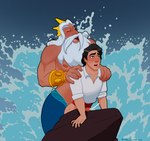 age_difference anal anthro beard biceps black_hair blush bodily_fluids bottomless clothed clothing crown cum disney duo ejaculation facial_hair fin fish_tail genital_fluids genitals hair hands-free headgear hi_res human human_penetrated humanoid humanoid_genitalia humanoid_penis king_triton_(disney) male male/male mammal marine merfolk mermaid_tail muscular muscular_male nipples not_furry pecs penetration penis prince_eric_(disney) rock sea shirt shirt_only size_difference split_form the_bi_shy_guy the_little_mermaid_(1989) topwear topwear_only water wave white_hair