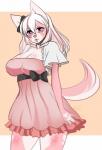 accessory anthro big_breasts biped bow_(feature) bow_accessory bow_ribbon breasts canid canine canis clothed clothing digital_media_(artwork) dress female fox hair_accessory hair_bow hair_ribbon hi_res hoshicchi hybrid looking_at_viewer mammal mitsuki_(hoshicchi) portrait purple_eyes ribbons simple_background solo standing three-quarter_portrait wolf