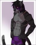 2015 abs anthro biceps biped black_body black_fur black_hair black_nose boxers_(clothing) chest_tuft clothed clothing collar domestic_cat felid feline felis feralise fur grey_body grey_fur hair hands_on_hips male mammal muscular muscular_anthro muscular_male pecs purple_hair red_eyes scar solo standing stripes topless tuft tyrian_kain underwear yellow_sclera