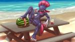 16:9 2019 abs absurd_res anthro anus balls beach bench beverage biped claw_toes digital_media_(artwork) erection food fruit generation_4_pokemon genitals hi_res humanoid_genitalia humanoid_penis looking_at_viewer male melon muscular muscular_anthro muscular_male mykiio nintendo nude penis plant pokemon pokemon_(species) seaside sitting solo spread_legs spreading water watermelon watermelon_crushing weavile widescreen