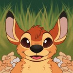 1:1 2022 alien bambi_(film) black_nose brown_body brown_eyes brown_fur disney experiment_(lilo_and_stitch) fan_character flower front_view fur grainy grass head_tuft lilo_and_stitch looking_at_viewer open_mouth open_smile plant smile smiling_at_viewer solo stambi thepyrokitty tuft