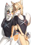 2023 anthro blush breasts calico_cat canid canine cleavage clothed clothing cute_fangs digital_media_(artwork) domestic_cat duo embarrassed etivka felid feline felis female female/female female_anthro fox fur hair haru_(etivka) hi_res kemono long_hair looking_at_viewer mammal multicolored_body multicolored_fur open_mouth panties pantsless rebekah shirt t-shirt tail tongue topwear underwear