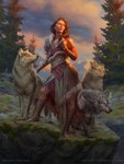 anna_stienbauer_(artist) arlinn_kord canid canine canis clothing cloud copyright_symbol detailed_background digital_media_(artwork) english_text female feral fur group hair hasbro hi_res human magic:_the_gathering mammal official_art outside planeswalker plant quadruped rock signature standing symbol text tree wizards_of_the_coast wolf