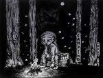 2022 anthro campfire clothed clothing disney english_text fire forest fully_clothed hi_res inktober jack_savage lagomorph leporid mammal monochrome plant rabbit sitting text theblueberrycarrots traditional_media_(artwork) tree zootopia