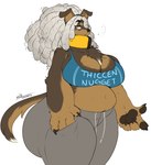 4_fingers anthro arm_tuft belly big_belly big_breasts big_butt black_nose black_pawpads blue_bra blue_clothing blue_sports_bra blue_underwear bodily_fluids bottomwear bra breasts brown_body butt canid canine canis chest_tuft claws clothed clothing collar digital_media_(artwork) dobermann domestic_dog dreadlocks elbow_tuft eyebrows eyelashes female fingers floppy_ears frown fur grey_bottomwear grey_clothing grey_hair grey_pants hair hi_res huge_butt kybs_(milkboners) looking_back mammal markings midriff milkboners mole_(marking) multicolored_body multicolored_fur navel overweight overweight_anthro overweight_female pants pawpads pinscher simple_background solo sports_bra sweat sweatpants tail text text_on_clothing text_on_sports_bra text_on_topwear thick_thighs topwear tuft two_tone_body two_tone_fur underwear yellow_collar