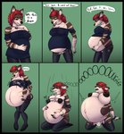 anthro belly belly_expansion big_belly big_breasts birth black_border border breast_growth breasts brown_body brown_fur canid canine clothed clothing colored comic dialogue dress english_text expansion female fertility_idol foulmonster fur growth hair hand_on_belly hi_res huge_belly hyper hyper_belly hyper_pregnancy kneeling long_hair mammal medium_breasts navel nipples nude outie_navel pregnant rapid_pregnancy red_hair solo text torn_clothing yellow_eyes