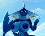 2022 5:4 5_fingers abs angry anthro anthrofied areola artist_name big_breasts blue_areola blue_body blue_nipples breasts clenched_teeth cloud day digital_media_(artwork) ear_piercing ear_ring eeveelution english_text eyebrows eyelashes female fingers fist fusion generation_1_pokemon generation_3_pokemon hi_res hybrid latiar looking_at_viewer looming low-angle_view nails nintendo nipples number open_mouth outside piercing pokemon pokemon_(species) pokemon_fusion pokemorph pupils ring_piercing sharpedo sky solo tail teeth text vaporeon white_pupils yellow_sclera