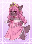 2019 anthro blush brown_body brown_fur brown_tail canid chibi clothed clothing dress eyelashes female full-length_portrait fur hair mammal pink_clothing pink_dress pink_eyes pink_hair portrait signature simple_background solo standing tail tiggybloom watermark