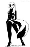 2018 anthro bikini black_and_white breasts butt clothed clothing ear_piercing ear_ring feet female fur hair kelly_o'dor looking_back mammal mephitid monochrome narrowed_eyes pawpads piercing pinup pose rear_view ring_piercing skunk solo striped_skunk swimwear tail tegerio two-piece_swimsuit whiskers zandar's_saga