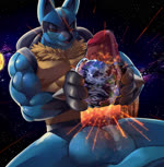 2023 2d_animation animated anthro balls blue_body bodily_fluids canid canine destruction generation_4_pokemon genital_fluids genitals hand_on_planet hi_res holding_planet latea_hyena lucario macro male mammal motion_tweening muscular muscular_anthro muscular_male nintendo no_sound nude penis planet planet_destruction planet_dwarfing planet_penetrated pokemon pokemon_(species) precum short_playtime soina solo space terra_macro webm