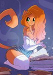 2023 anthro book breasts cleavage clothed clothing conditional_dnp domestic_cat felid feline felis female footwear glowing green_eyes jollyjack kneeling legwear looking_at_viewer magic mammal off_shoulder pillow socks solo thigh_highs thigh_socks