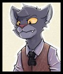 anthro black_border border clothed clothing felid hair mammal necktie pantherine pointy_ears prick_ears rumpled shirt smile smirk sqwek topwear vest