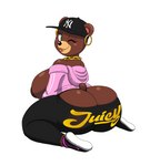 anthro areola bear big_breasts big_butt blep bottomwear breasts brown_body butt butt_cleavage clothed clothing ear_piercing ear_ring english_text exposed_breasts eyelashes female footwear hat headgear headwear hi_res huge_breasts huge_butt juicy_couture mammal mcbling mlb new_era new_york_yankees nike one_eye_closed pants piercing ring_piercing shoes side_boob simple_background solo streetwear tansau text text_on_bottomwear text_on_clothing text_on_hat text_on_headwear text_on_pants thong thong_straps tongue tongue_out topwear underwear white_background wink y2k_(fashion) yoga_pants