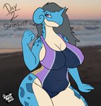 anthro beach big_breasts blue_body blue_skin breasts clothing female generation_1_pokemon grey_hair hair hi_res lapras marine mature_female nintendo one-piece_swimsuit plesiosaur pokemon pokemon_(species) pose prehistoric_species purple_eyes reptile rhode_arts scalie seaside sextember slightly_chubby smile smiling_at_viewer solo swimwear