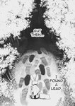 2023 anthro backpack black_and_white bun_bash clothed clothing comic digital_media_(artwork) english_text footprint forest hair hare lagomorph leporid long_hair male mammal map monochrome pawprint peculiart plant rabbit solo stig_(peculiart) text tree