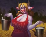 anthro apron apron_only big_breasts blonde_hair bovid bovine breasts cattle cleavage clothed clothing ear_piercing ear_ring eyeshadow female fur hair horn lilychaos lips lipstick lucinda_bullworth_jackson makeup mammal milk milk_pail piercing pink_nose purple_eyeshadow red_lips red_lipstick ring_piercing solo white_body white_fur