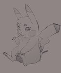 absurd_res anthro balls big_balls eyebrows fan_character generation_1_pokemon genitals hi_res holding_object holding_pen humanoid_genitalia humanoid_penis looking_at_viewer male monochrome nintendo nonbinary_(lore) pen penis pikachu pokemon pokemon_(species) sitting solo teeth truemew