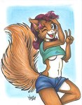 2017 anthro breasts brown_body brown_fur female fluffy fluffy_tail fur gesture hair hand_gesture mammal midriff navel one_eye_closed open_mouth red_hair rodent sciurid solo sonitweek tail talkeetna tree_squirrel under_boob v_sign whiskers wink