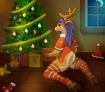 antlers atriped_thigh_highs biped blue_hair christmas clothed clothing cloven_hooves countershade_face countershade_fur countershade_legs countershade_neck countershade_tail countershading deer exposure_variation female fengyue680 fingers fur hair hi_res holidays hooves horn mammal new_world_deer partially_clothed rear_view reindeer scut_tail shaded short_tail solo tail tan_body tan_fur white_body white_countershading white_fur