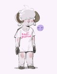 2023 absurd_res anthro bottomless bovid caprine clothed clothing fur hair hair_over_eyes hi_res horn kogito male mammal sheep shirt shirt_only simple_background solo t-shirt t-shirt_only topwear topwear_only white_background white_body white_fur wool_(fur)