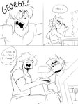 anthro ben_(jordo) comic domestic_cat duo eyewear felid feline felis george_(jordo) glasses hi_res human jordo_(artist) lamp lipstick makeup male mammal monochrome speech_bubble text whiskers