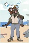 2016 anthro avian basket beach bird brown_body brown_fur brown_hair clothed clothing container digital_media_(artwork) duo female feral footwear fur generation_3_pokemon green_eyes hair happy hi_res hoodie hyena looking_up mammal nintendo open_mouth outside pokemon pokemon_(species) ricket seashell seaside shell shoes smile standing striped_hyena teeth tongue topwear water wingull zoya_(monstercatpbb)