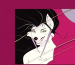 2022 anthro black_hair black_nose canid canine cheek_tuft chest_tuft clothed clothing duran_duran ear_tuft eyebrows facial_tuft female fox fur grey_inner_ear grin hair lipstick long_hair makeup mammal okobojee parody pink_background pink_lipstick pointy_ears prick_ears rio_(duran_duran) sharp_teeth simple_background smile solo teeth topless tuft white_body white_eyes white_fur