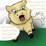 1:1 baby_talk blue_eyes cuddlybloodily daisy_(cuddlybloodily) dialogue english_text female feral fluffy_pony fluffy_pony_(species) fur grass hi_res mammal plant shadow solo suina text yellow_body yellow_fur