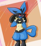 ambiguous_gender anthro big_ears black_body black_fur blue_body blue_fur cheek_tuft facial_tuft fluffy fluffy_thighs fur generation_4_pokemon gesture heart_gesture heart_symbol hi_res holeecarolee lucario neck_tuft nintendo pokemon pokemon_(species) red_eyes small_waist smile smiling_at_viewer solo spikes thick_thighs tuft wide_hips