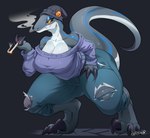 2024 anthro anthrofied artist_name beanie big_breasts blue_(jurassic_world) bottomwear breasts bunnemilk cigarette cigarette_smoke claws cleavage clothed clothing denim denim_bottomwear denim_clothing digital_media_(artwork) dinosaur dromaeosaurid eyelids eyeshadow feet female fully_clothed grey_body grey_scales half-closed_eyes hat headgear headwear hi_res huge_thighs jeans jurassic_park jurassic_world long_sleeves long_tail makeup narrowed_eyes non-mammal_breasts pants prehistoric_species reptile scales scalie smoke smoking smoking_cigarette solo tail talons theropod thick_tail thick_thighs toe_claws toes torn_bottomwear torn_clothing torn_jeans torn_pants universal_studios velociraptor