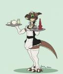 2019 4_toes ambiguous_gender anthro apron armwear belt beverage biped black_clothing black_dress bow_(feature) bow_tie brown_body brown_scales bryce_daeless clothed clothing collar container countershading cup digital_media_(artwork) digitigrade dildo doesnotexist dress elbow_gloves feet glass gloves green_eyes handwear hi_res horn knot knotted_dildo kobold legwear lemonade lube maid_uniform muzzle_(object) muzzled pupils scales scalie sex_toy slit_pupils solo standing stockings tan_body tan_scales teapot thigh_highs toes tray uniform white_clothing white_legwear white_stockings