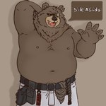 anthro bear belly ben_bigger bottomwear brown_body brown_fur clothed clothing facial_scar fur grumps_yisus hi_res male mammal mihoyo missing_eye navel nipples overweight pants scar solo topless topless_anthro zenless_zone_zero